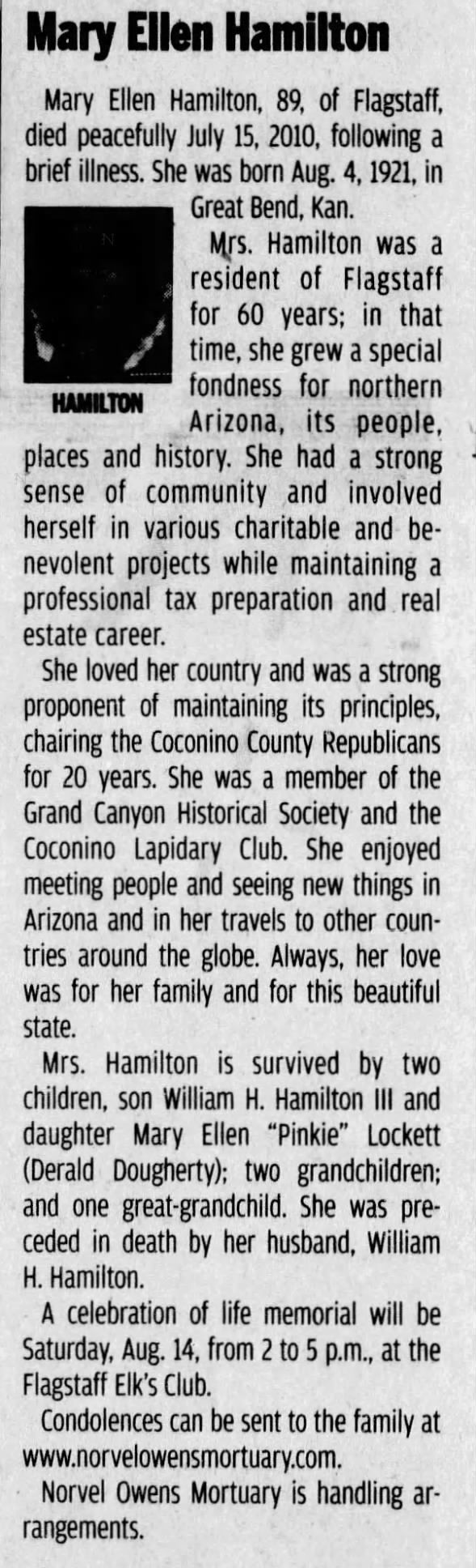Obituary for Maty Ellen Hamilton, 1921-2010 (Aged 89)